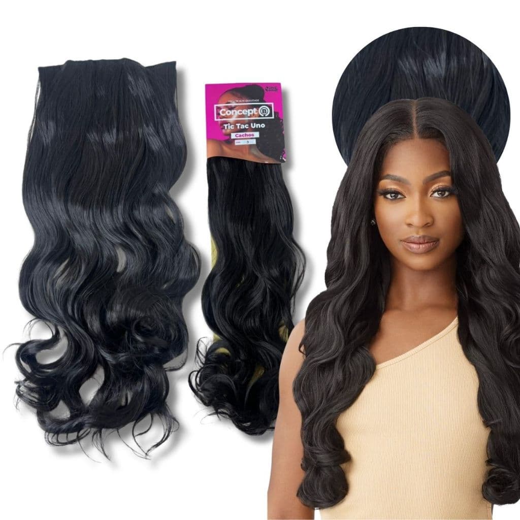 Cabelo Aplique Tic Tac Alongamento Ondulado 65cm Fibra Orgânica Black Beauty
