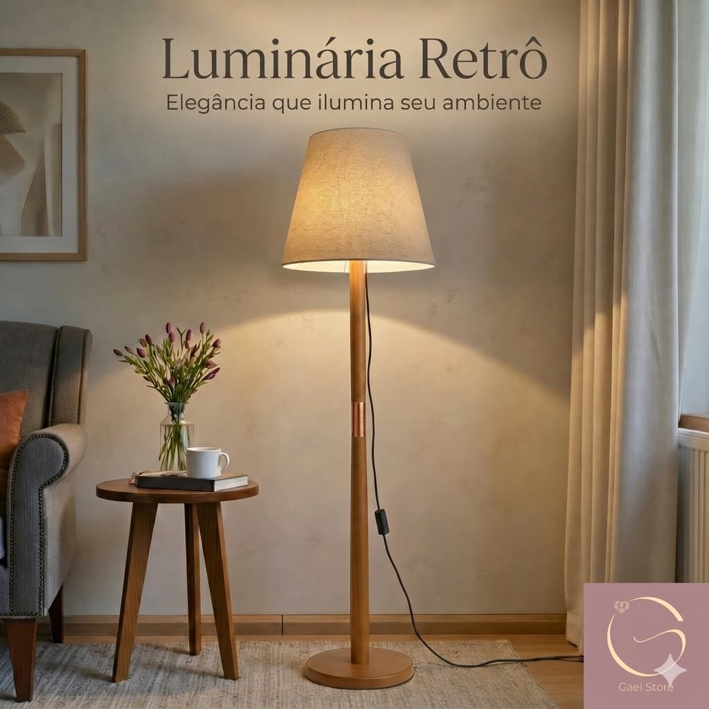 Abajur de Piso Retrô Madeira Maciça 164cm Luminária de Chão com Cúpula em Tecido Palha Sala Estar Quarto