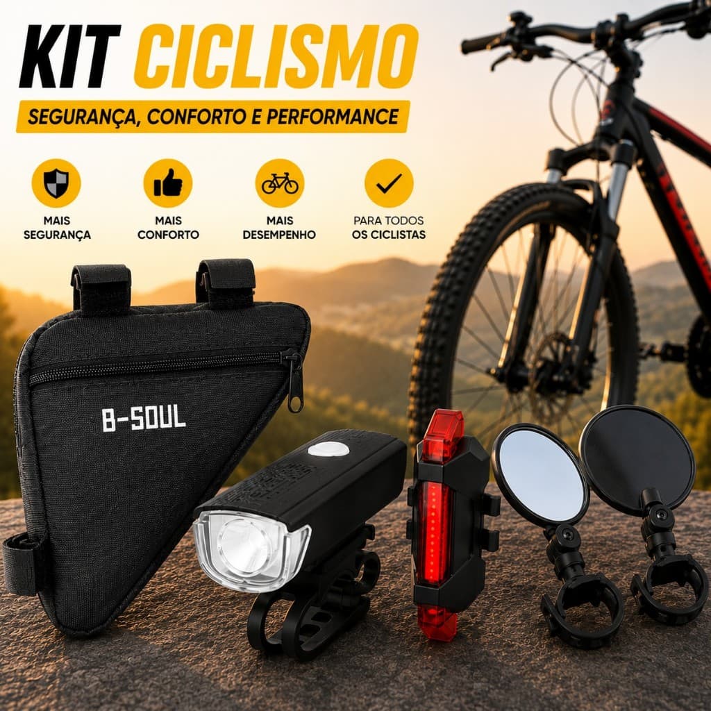 Kit Bike Ciclismo Farol Com Sinalizador Recarregável Espelho Retrovisor Bolsa de Quadro Triangular