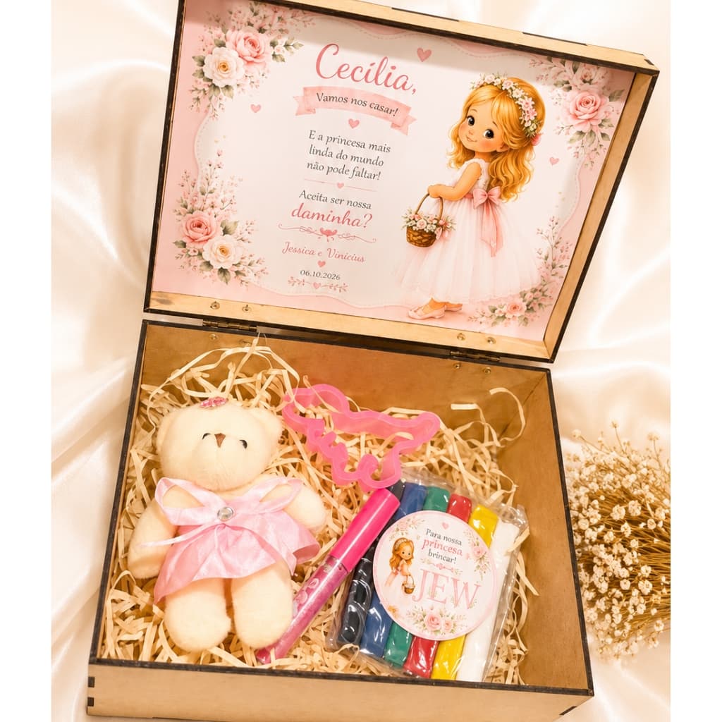 Convite Daminha de Casamento com Ursinho, Gloss e Massinha - Caixa MDF Personalizada
