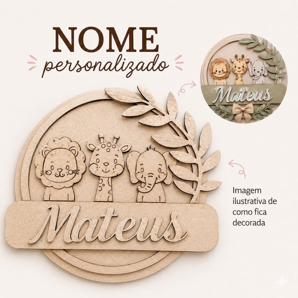 guirlanda porta maternidade safari com nome personalizado enfeite quarto de bebê