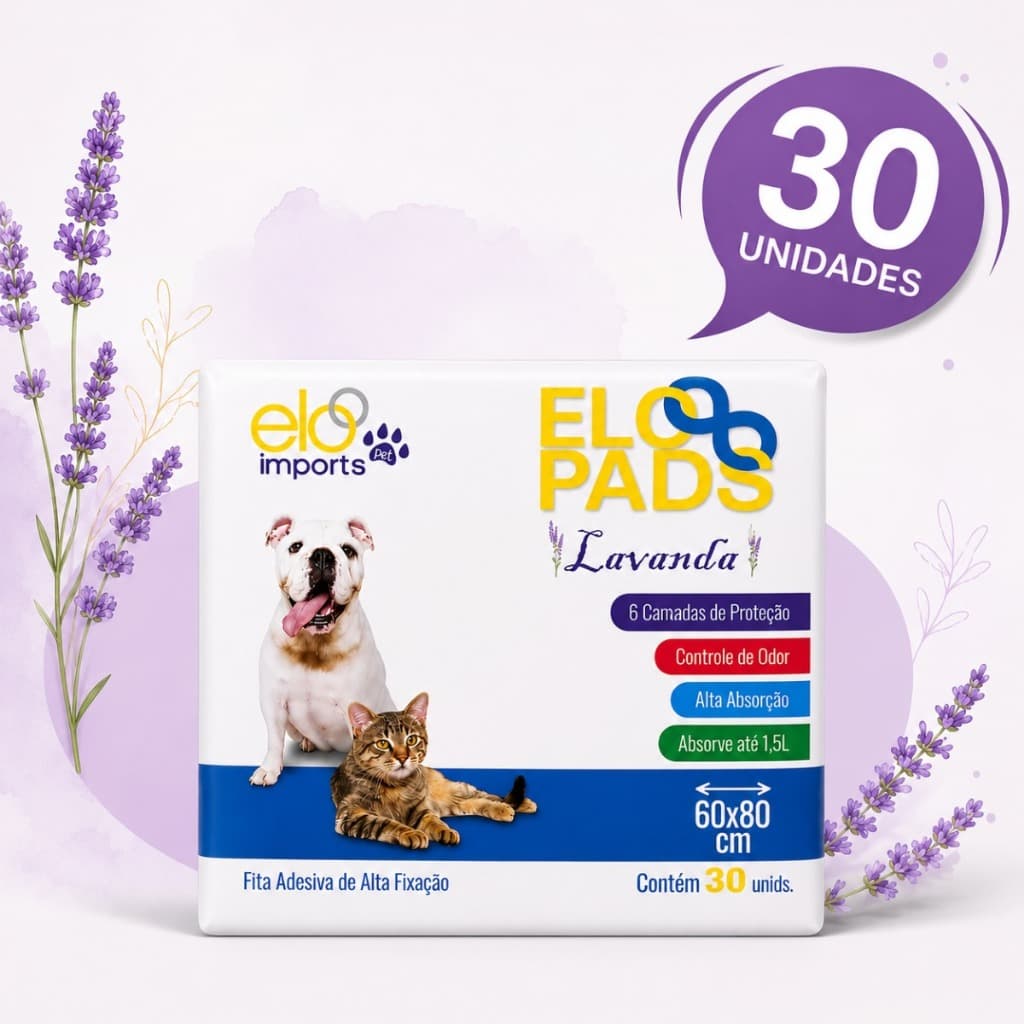 Tapete Higiênico 30un 60x80cm Aroma Lavanda 6 Camadas de Proteção Para Cães e Gatos Elo Pad