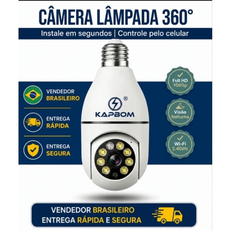 Câmera Lâmpada WiFi 360° Full HD 1080P Visão Noturna Áudio Bidirecional Sensor de Movimento 2.4GHz E27