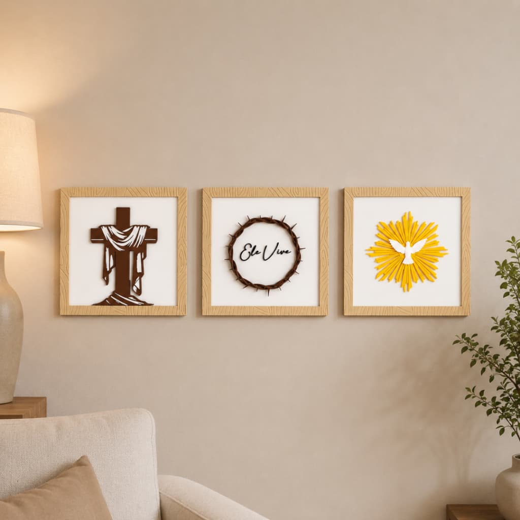 Quadros Decorativos Trio ou Individual Religioso Cristão Cruz, Ele Vive, Espírito Santo Versão Premium