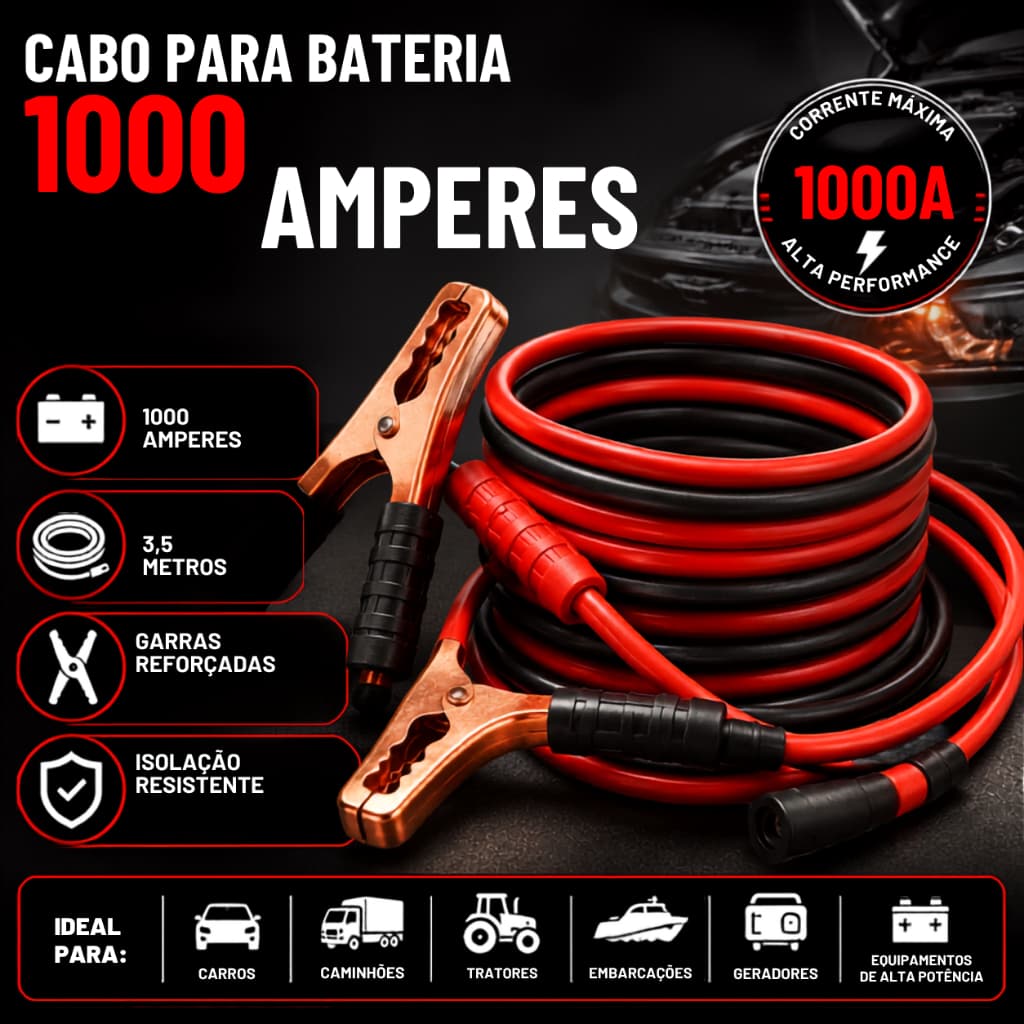Cabo Para Bateria Chupeta de Carro 3,5 Metros 1.000 Reforçado