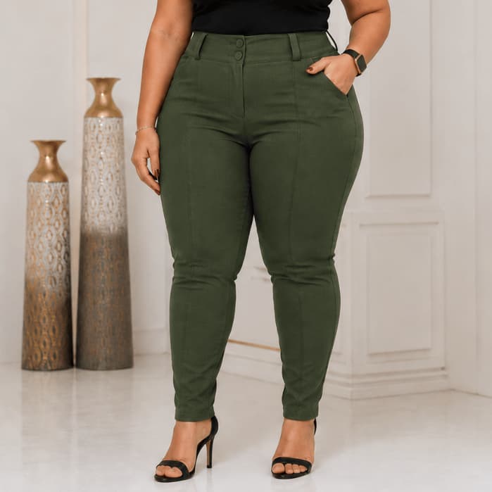 Calça Social Plus Size Feminina Tecido Bengaline Botões Zíper Elegante Alfaiataria Cintura Alta