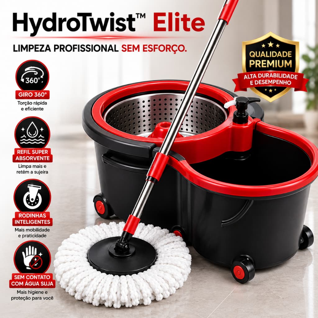 Mop Giratório Profissional com Balde, Rodinhas e Refil Absorvente