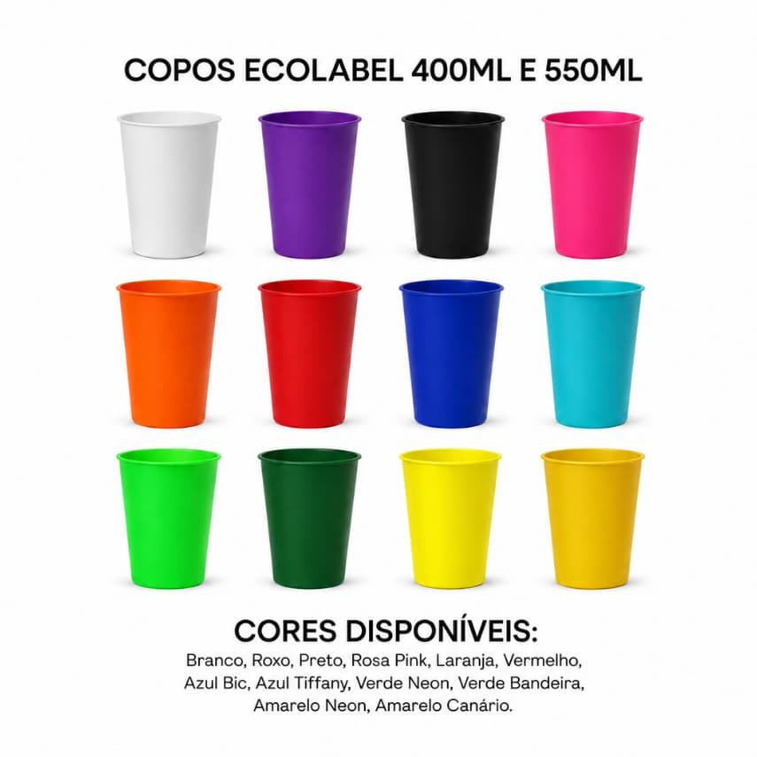 Kit 100 UND Copos Lisos EcoLabel 400ml e 550ml Plástico PP BPA Free Resistente Cores Envio Imediato