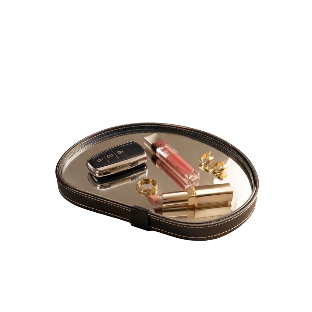 Bandeja Espelhada Decorativa Artesanal Couro Preto Marrom Redonda Orgânica Porta Perfumes Banheiro
