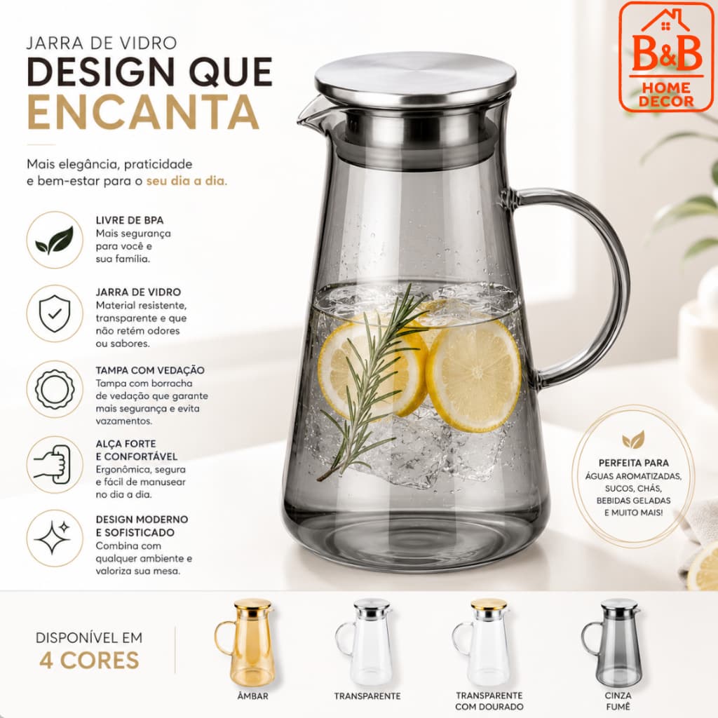 Jarra de Vidro Elegante 1,9L com Tampa Inox para Água Sucos e Bebidas em Geral