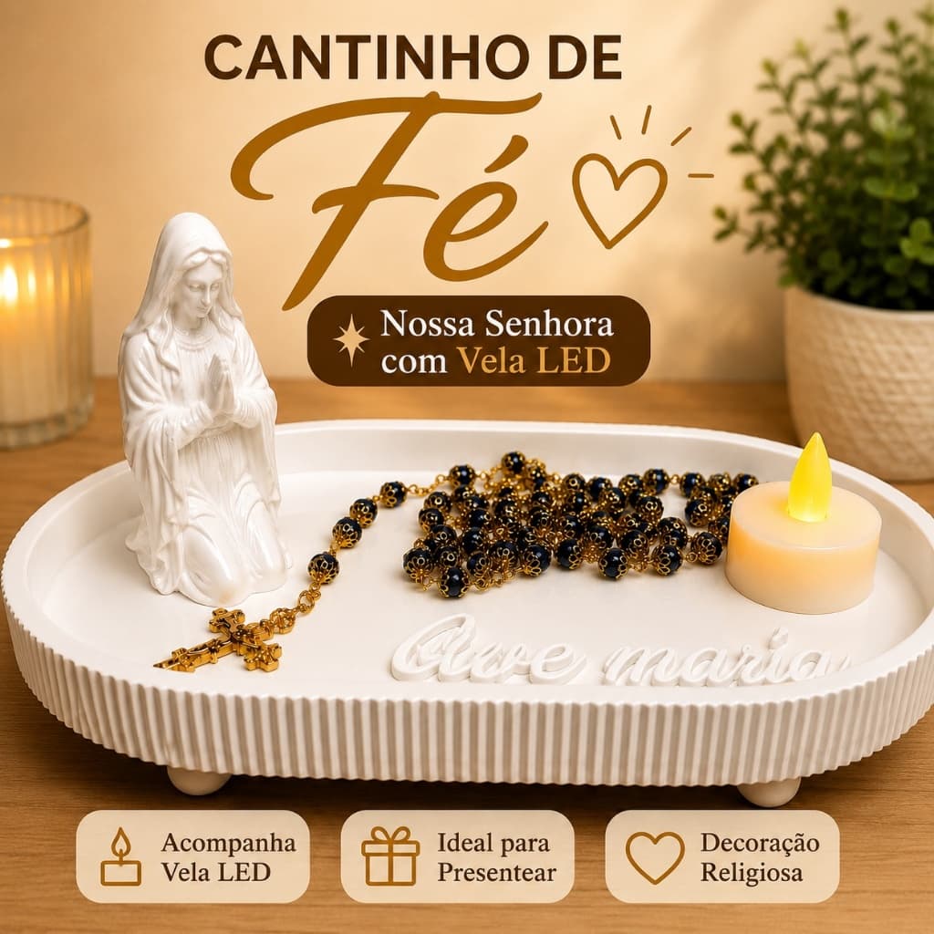 Cantinho de Fé Nossa Senhora com Vela LED | Porta Terço Altar Católico | Decoração Religiosa Ore e Confie
