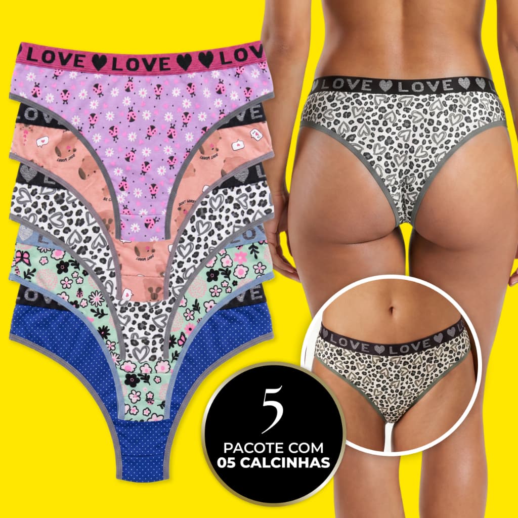 Kit 5 Calcinhas 100% Algodão Premium Cintura Alta Cos Largo Boxer Tanga Transparente Invisível