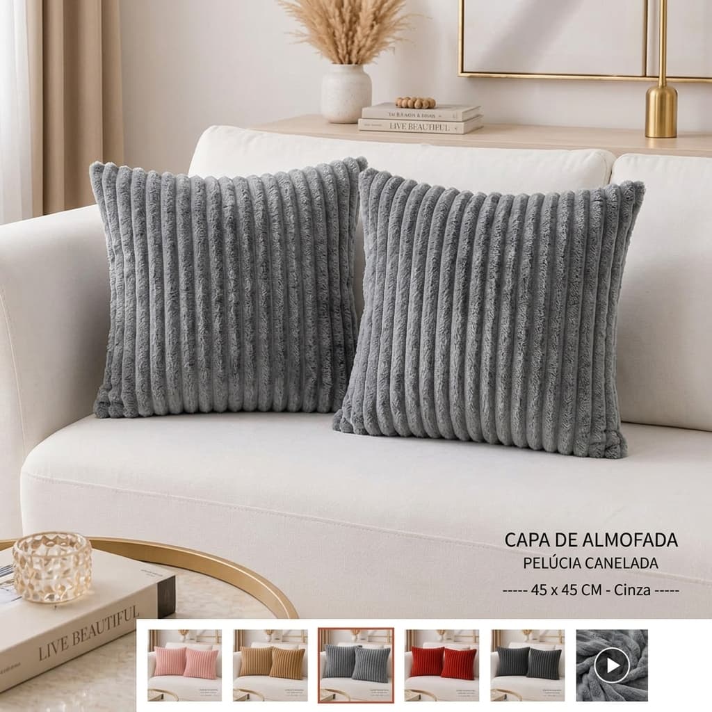Kit 2 Capas De Almofada 45x45cm Extra Macia Canelada Veludo Premium