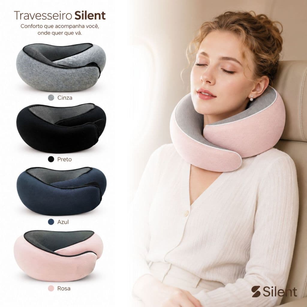 Almofada de Pescoço Memory Foam Para Viagem Travesseiro Cervical Anatômico Silent + Saco Impermeável