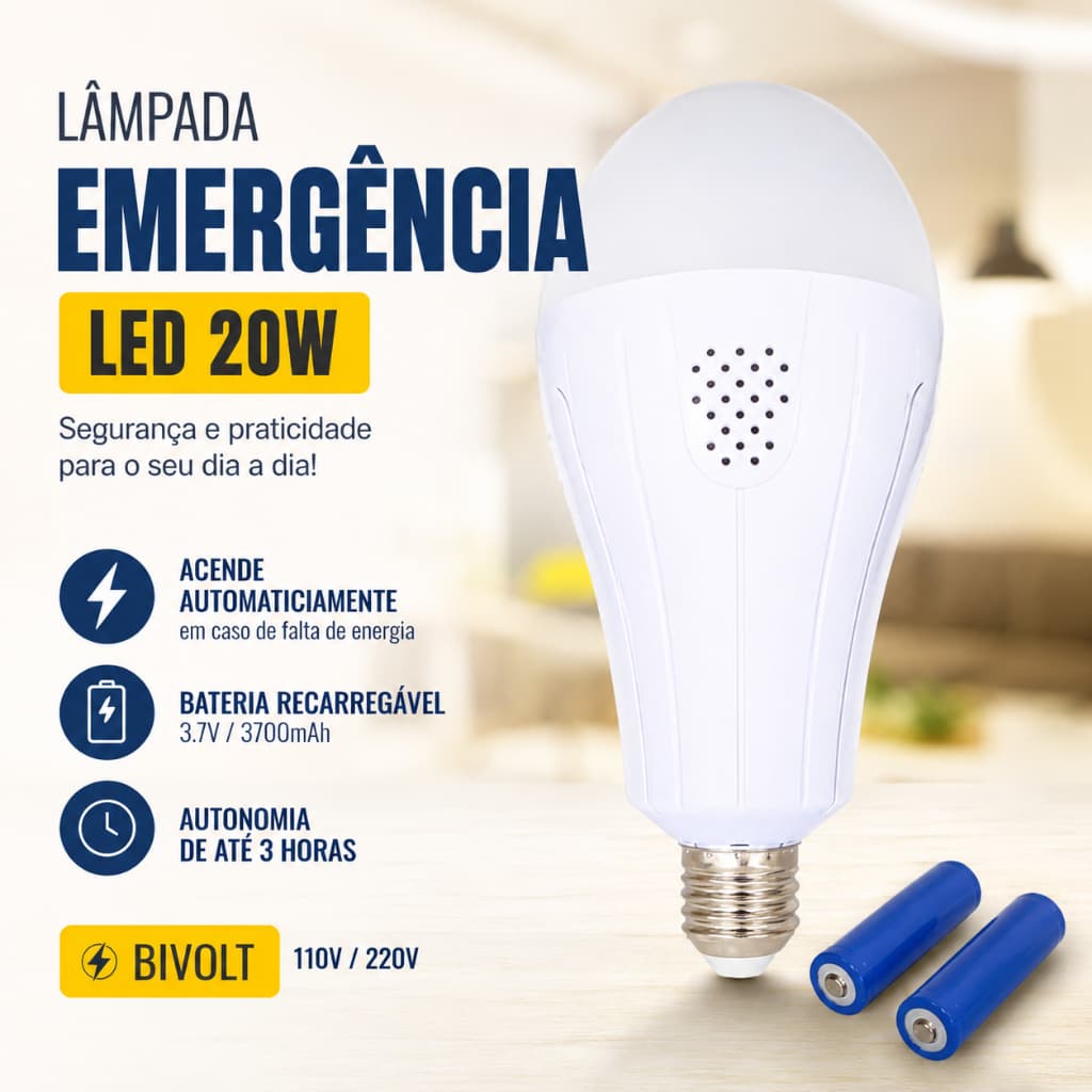 Super Lâmpada Recarregável De Emergência LED Inteligente De 20W Acendendo Durante Queda De Energia