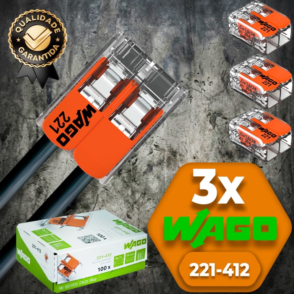 Conector de Fio Elétrico Wago 221-412 Conector Wago Emenda 4mm² 32A Conexão Automática Kit 3 peças