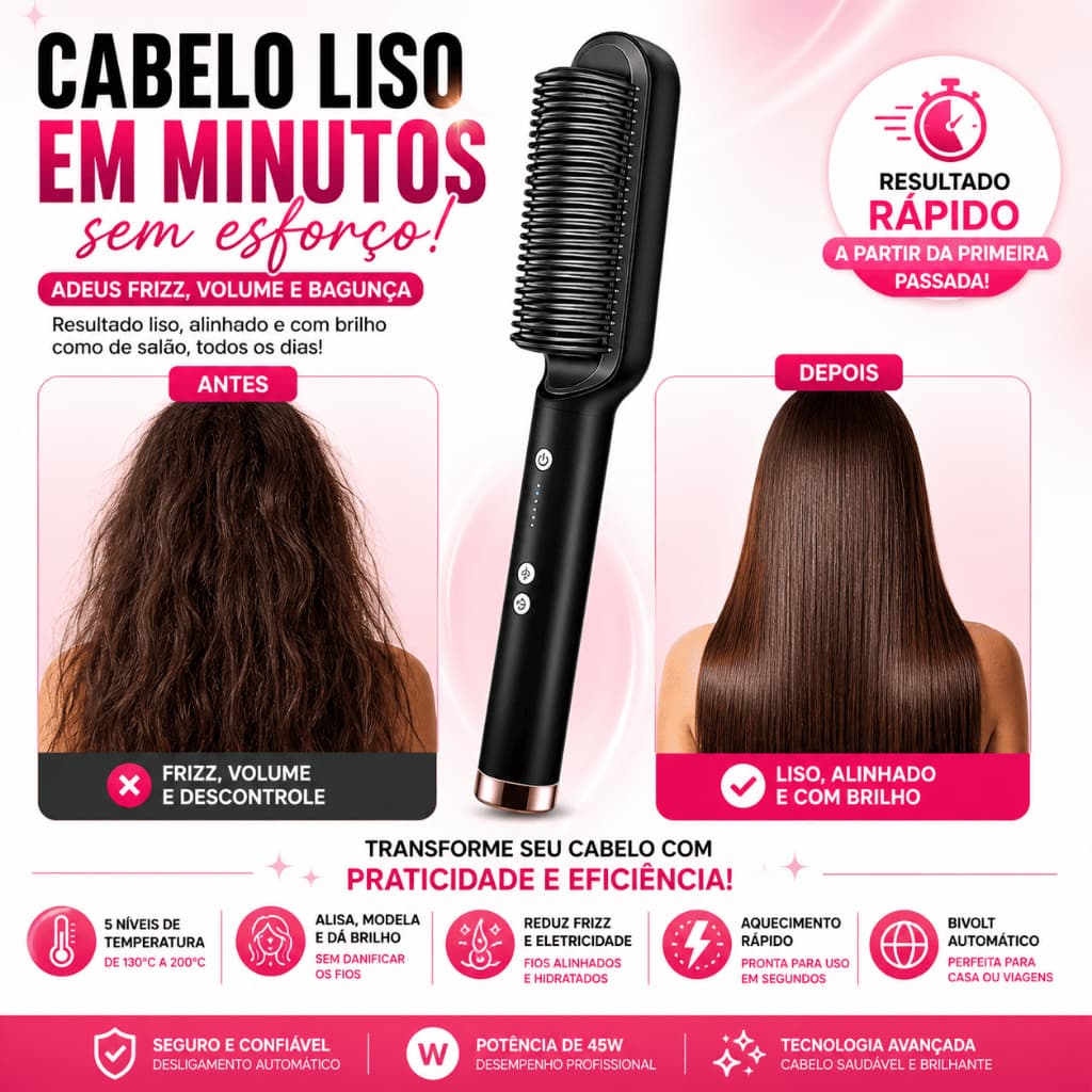 Pente Elétrico Alisador de Cabelo Escova Portátil 5 Níveis de Temperatura Alisa, Modela e Anti-Frizz
