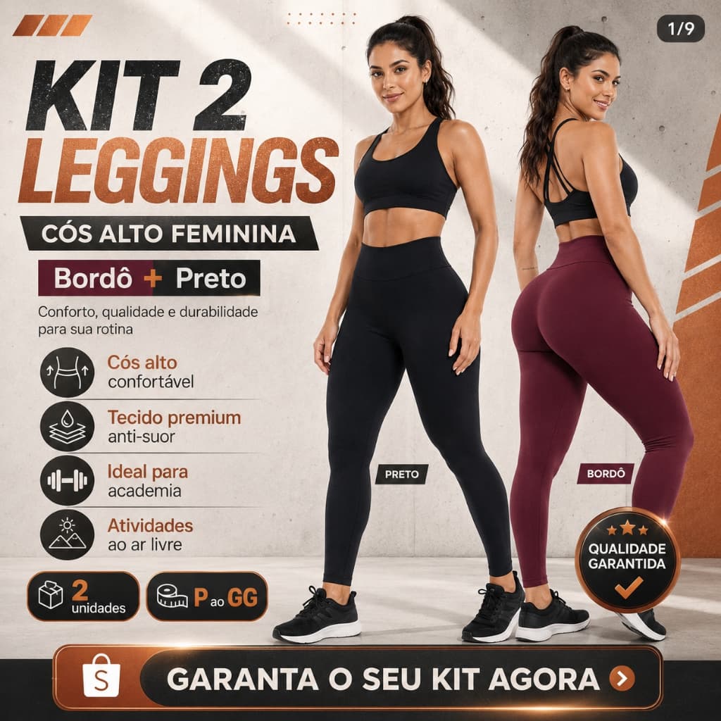 2 Leggings Cós Alto Feminina Roupa de Academia Musculação Preto Bordô
