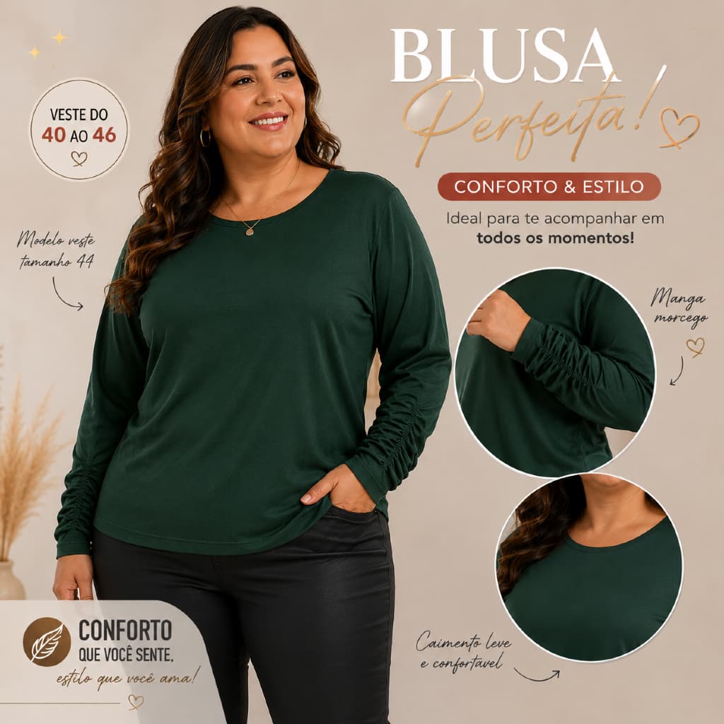 Blusa Manga Longa Feminina Gola Careca T Shirt Confortável Casual Tamanho Único M G GG G1