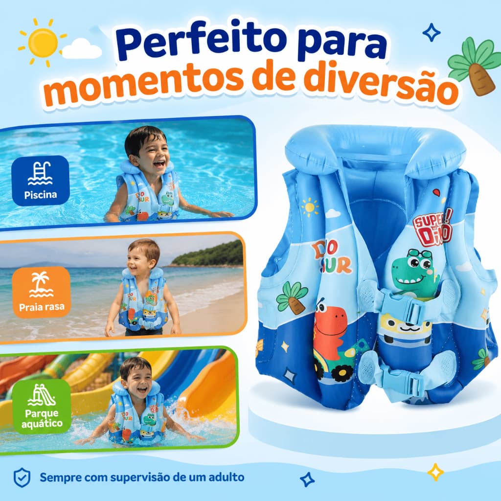 Colete de Natação Infantil Seguro com Suporte Craniano, Não Deixa a Criança Engolir Água para Aprender a Nadar