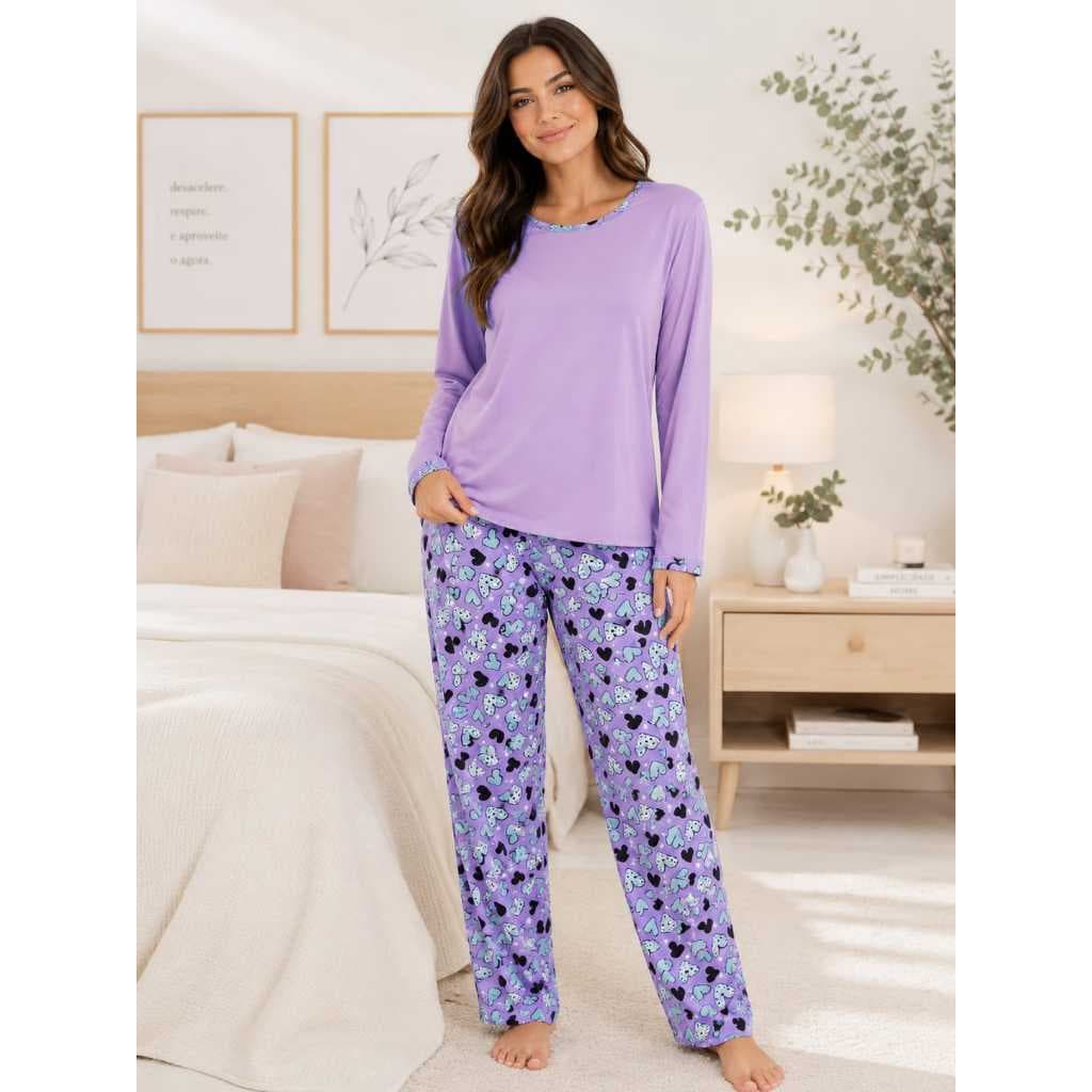 Pijama Inverno Feminino Quentinho Pijama Suede Estampado Pijama Manga Comprida Adulto Pijama Fofinho