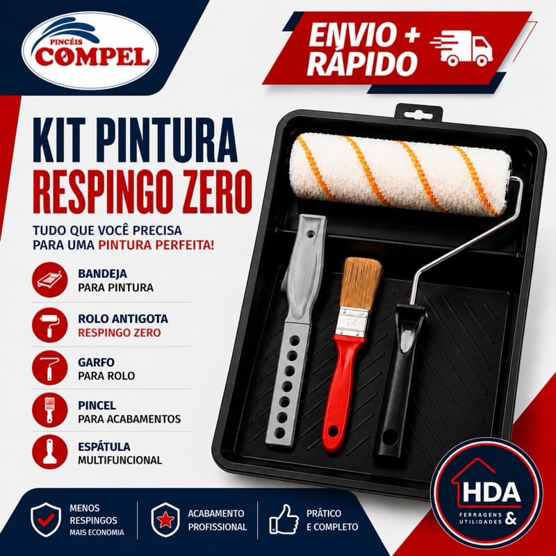Kit De Pintura Com 5 Peças 1 Bandeja 1 Rolo lã 1 Rolo Espuma 1 Pincel 1 cabo Rolo 23cm - Compel