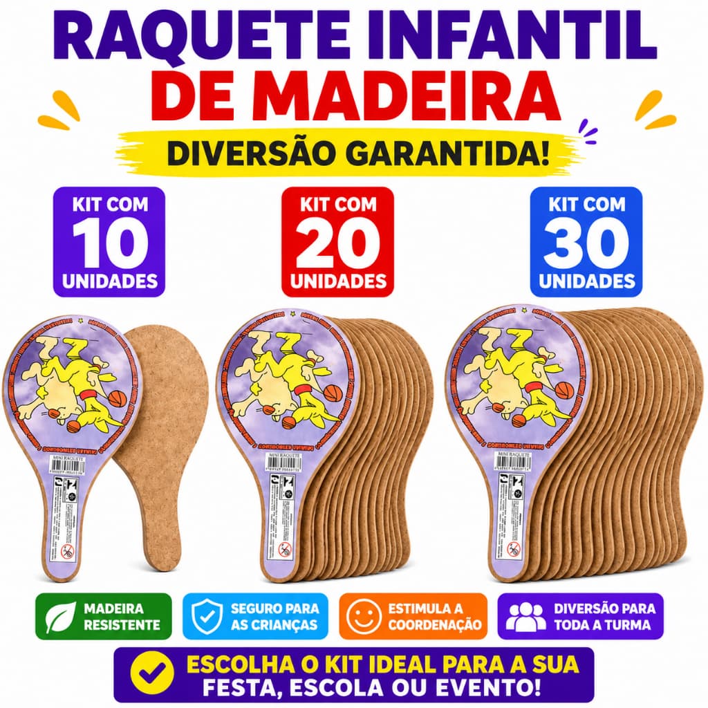 Kit Raquete Infantil Madeira Com Bolinha Brinquedo Praia Lembrancinha Festa Prenda Qualidade