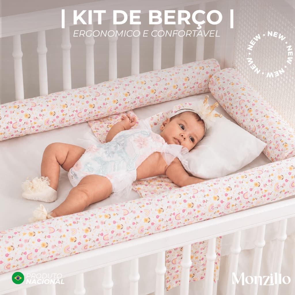 KIT ROLINHO E JOGO DE LENÇOL DE BERÇO 7 PEÇAS 100% ALGODÃO ESTAMPADO