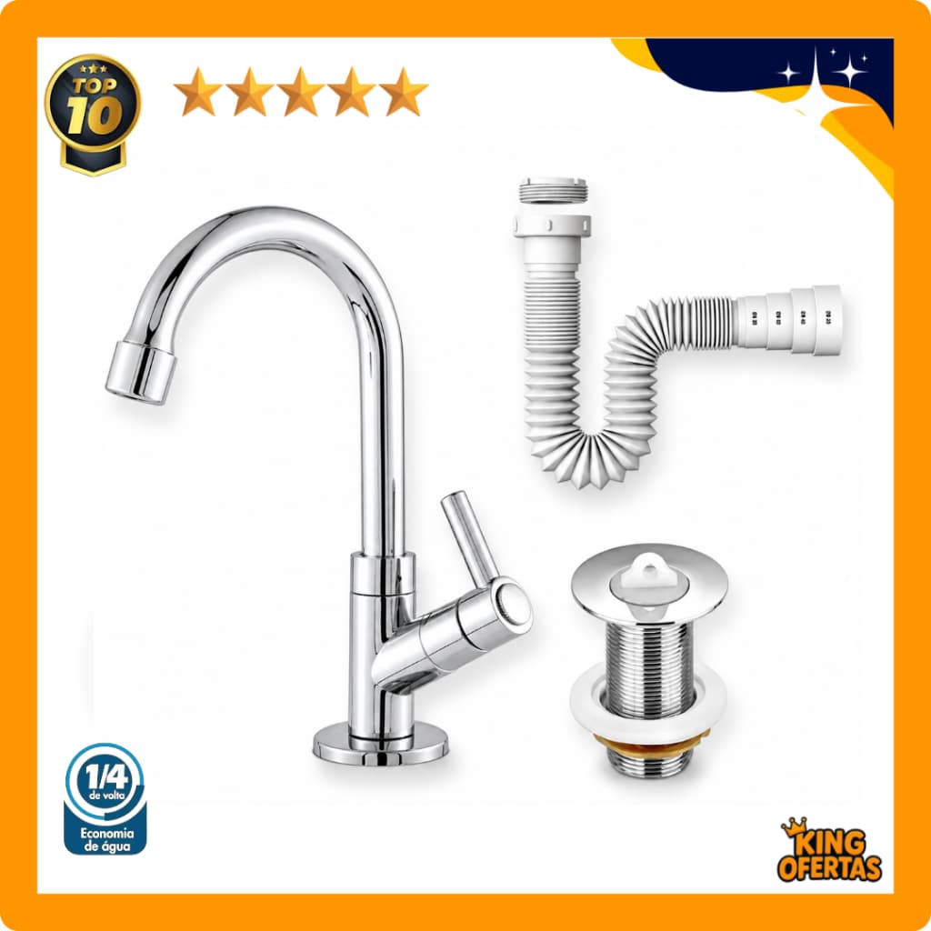 Kit Torneira Cormada em ABS + Válvula Lavatório Cromada em ABS 7/8 + Sifão Universal