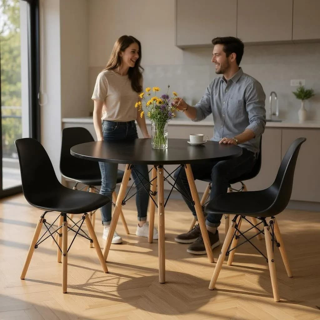 Conjunto Eames com Mesa e 4 Cadeiras – Visual Leve, Aconchegante e Moderno