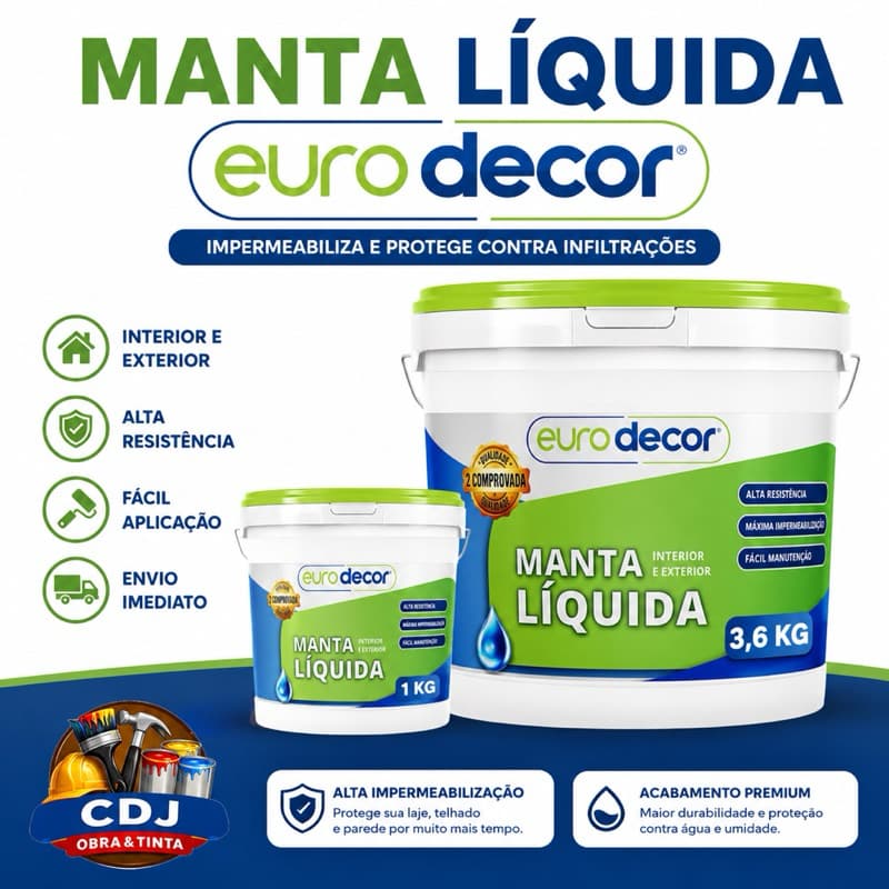 Manta Líquida Impermeabilizante Eurodecor 1Kg ou 3,6Kg Branca Cinza Crômio Preta Proteção Contra Infiltrações