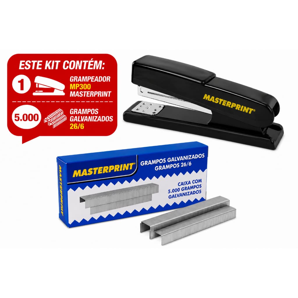 KIT 1 GRAMPEADOR MP300 + 5.000 GRAMPOS 26/6 GALVANIZADOS ESCOLAR ESCRITÓRIO MASTERPRINT