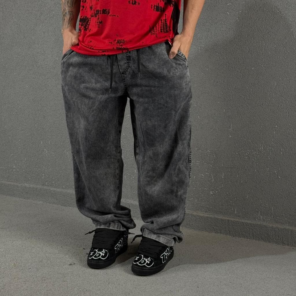 Calça balão Baggy Jeans Estonada Masculina Unissex Cós Elástico Cordão Skatista Moda streetwear