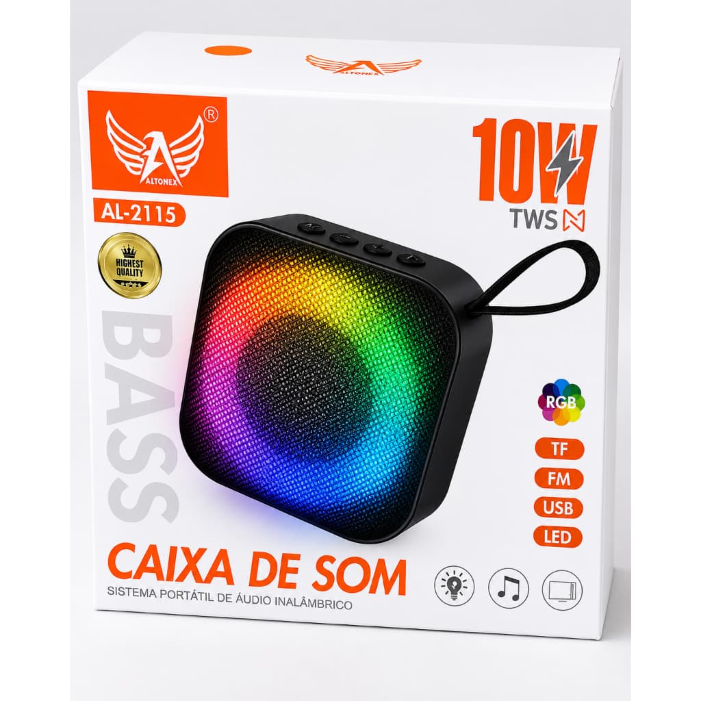Caixa de Som Bluetooth Portátil RGB AL-2115 TWS FM USB Cartão TF LED Som Potente