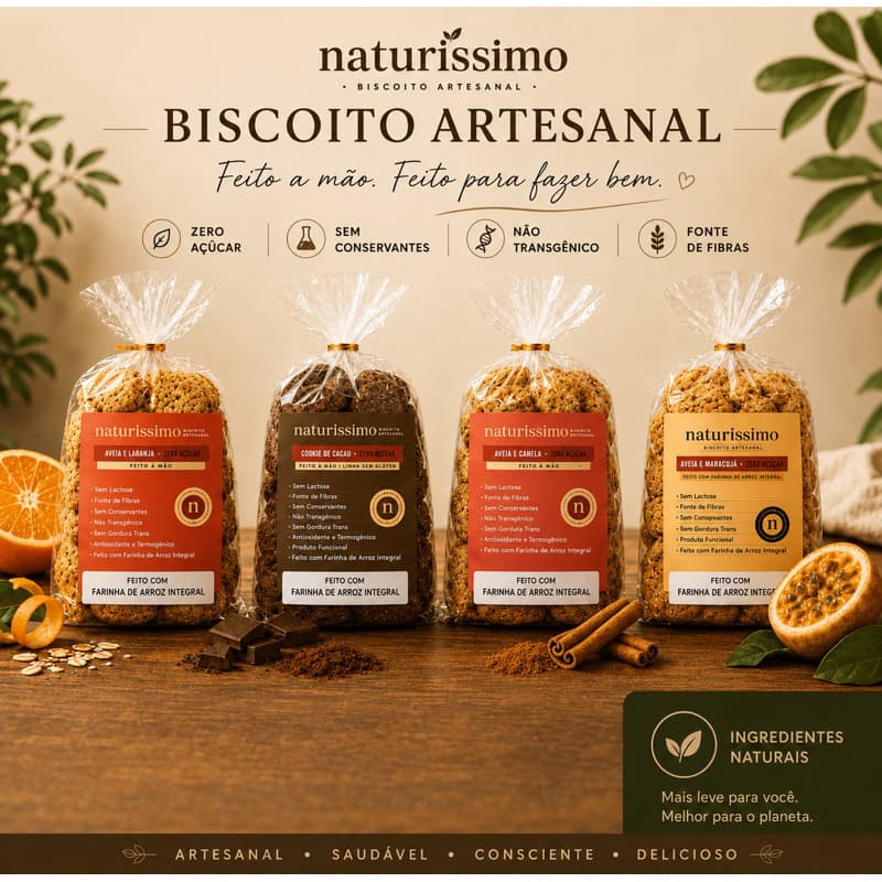 Biscoito Zero Açúcar Natural Sabores Farinha Arroz Integral Saudável Diet Sem Conservante 180g