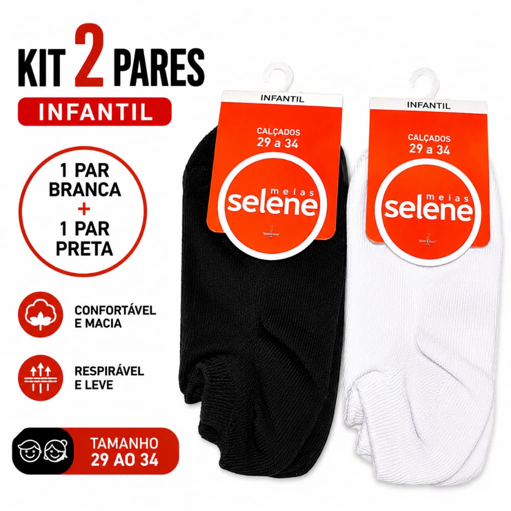 Kit 2 Pares Meia Soquete Infantil Selene Algodão Sapatilha Curtinha Branco e Preto Macia Confortável