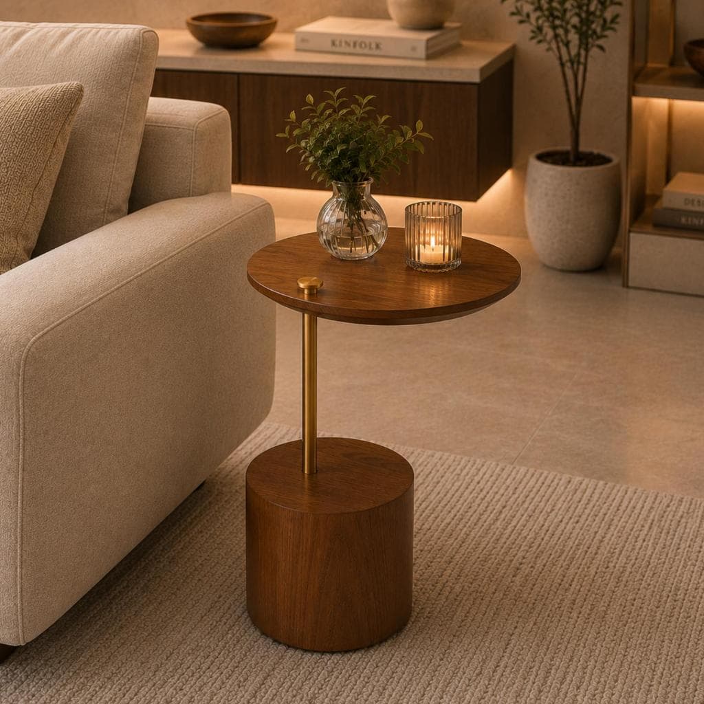 Mesa Lateral Designer Tampo em Madeira Maciça Haste Metal Dourado Castanha
