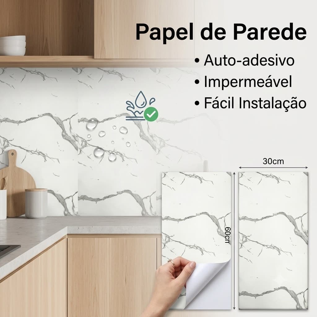 Papel de Parede Marmorizado Lavável Autocolante e Fácil de Aplicar Sem Ferramentas Antifungo Adesivo