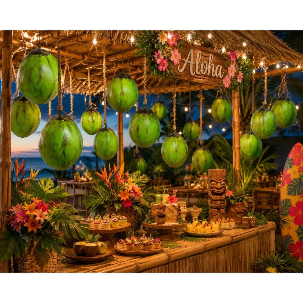 Kit Com 6 Coco Verde Fake Artificial De Plástico Para Decoração de Festas Tropicais Tropical Havaiana
