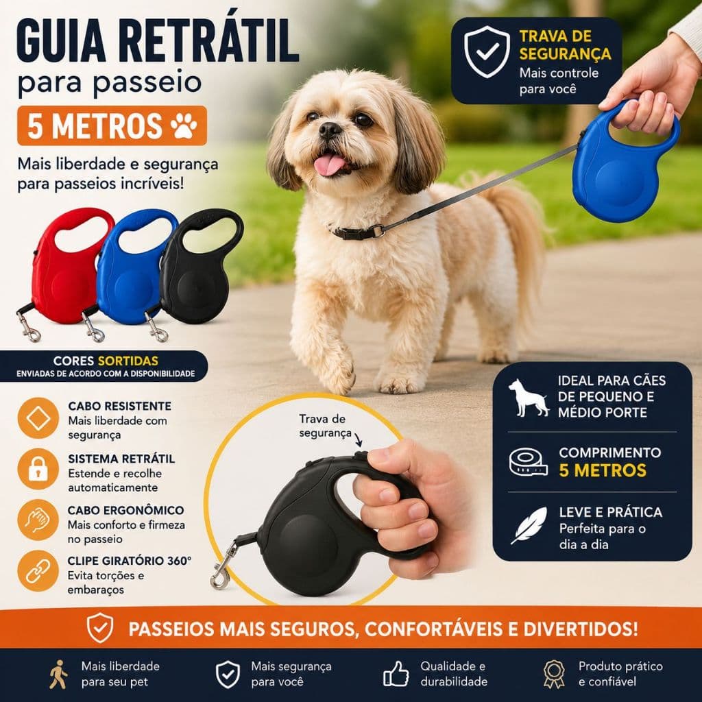 Guia Retrátil para Passeio com Trava de Segurança 5 Metros – Cabo Ergonômico | Cores Sortidas