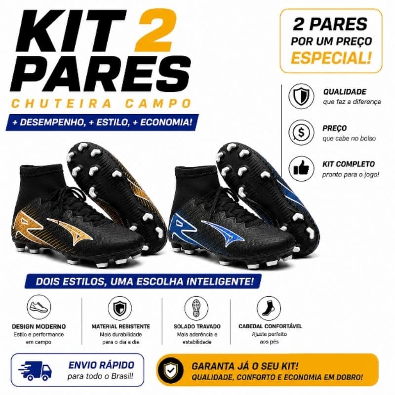 Kit 2 Pares Chuteira Campo Cano Alto Adulto Futebol Trava Fixa Confortável Promoção