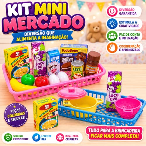 Kit Cesta Mini Mercado Comidinhas Brinquedo Infantil 13 pcs