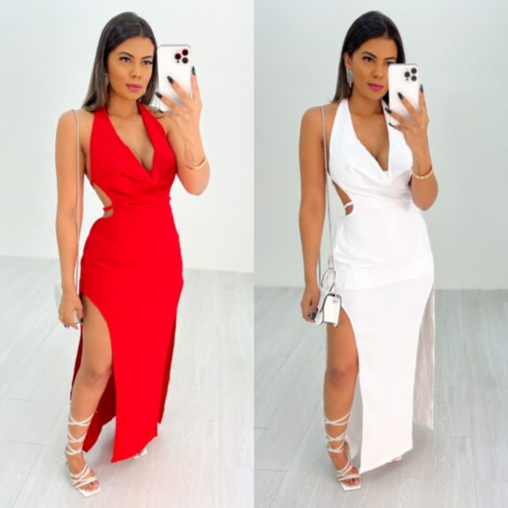Vestido Camila longo duas fendas com decote tiras ajustáveis duna moda roupas femininas luxo festasas