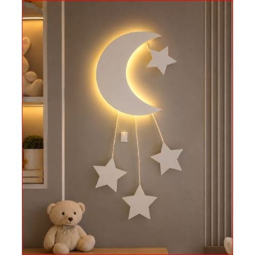 Luminária Lua e Estrelas LED Infantil MDF Decoração Quarto Bebê Menina Menino