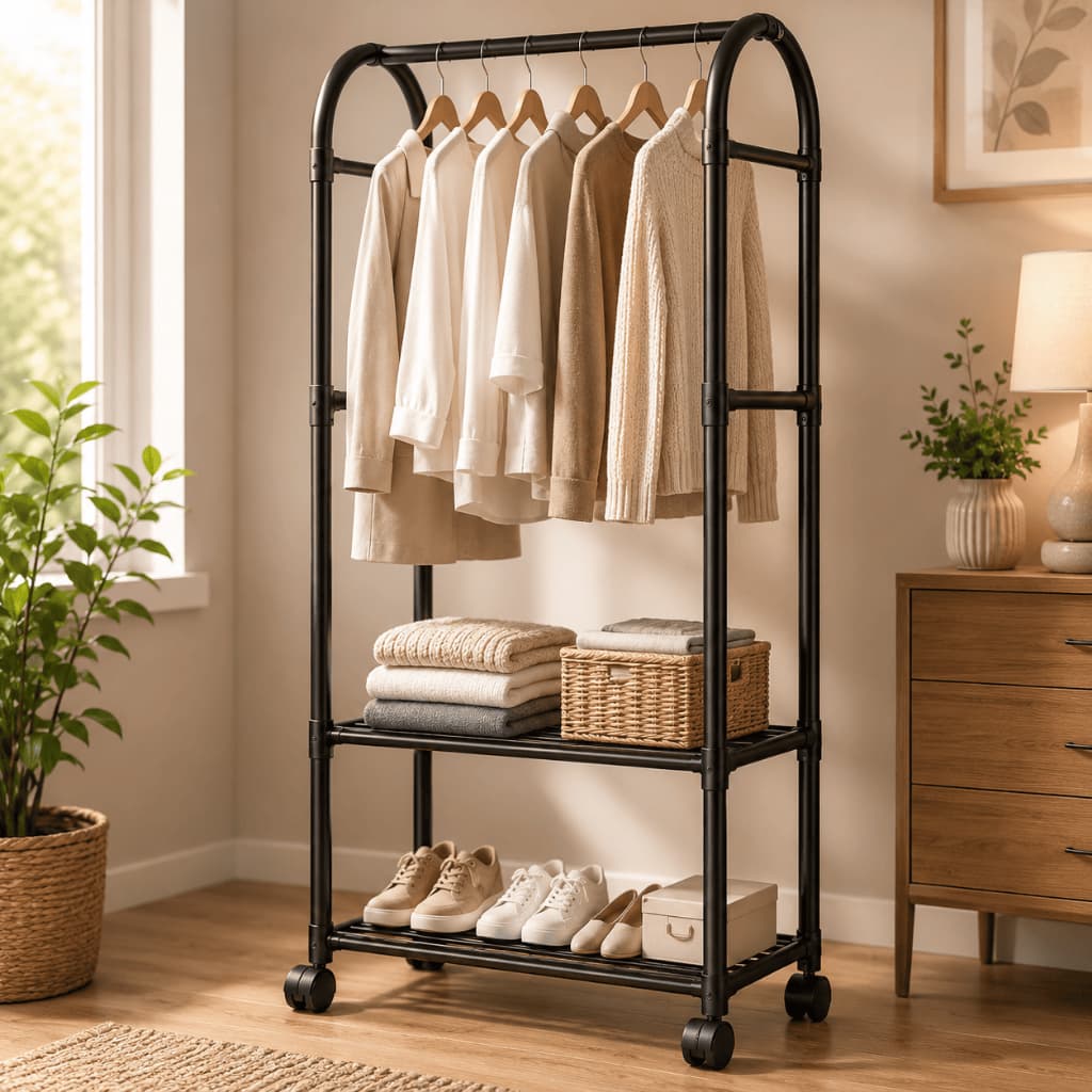 Arara Multiuso para Roupas com 2 Prateleiras Organizador de Closet Preta