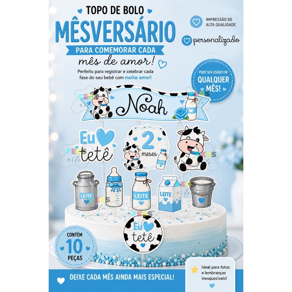 topo de bolo eu amo tetê mesversário personalizado menino vaquinha 10 peças nome idade tag barato