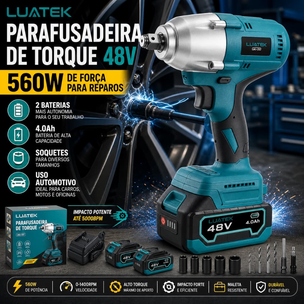 Luatek LWJ-257 – Parafusadeira Chave de Impacto Sem Fio 48V com 2 Baterias 4.0Ah e Kit Completo de Acessórios