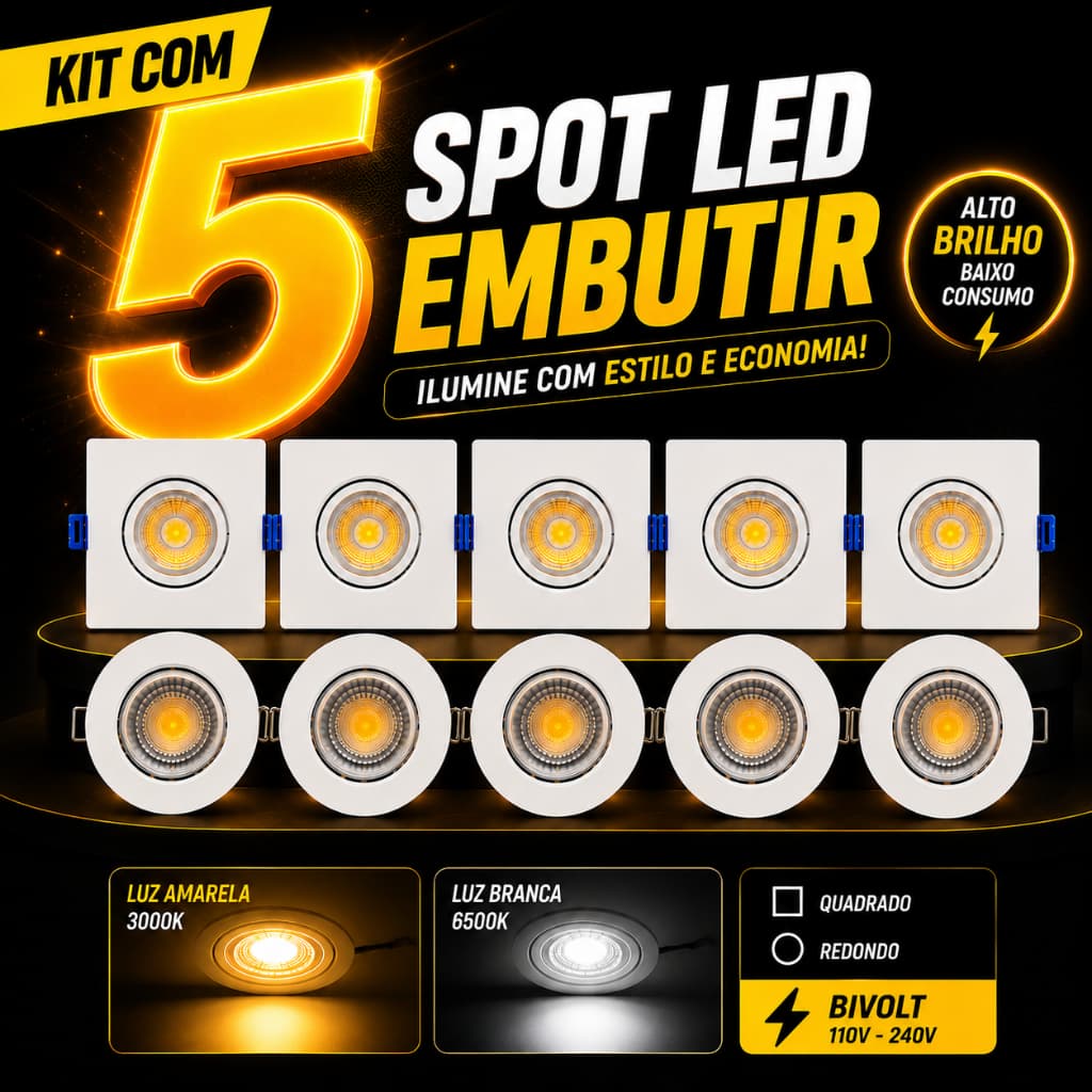 Kit 5 Luminária Led Spot 5W Redondo Quadrado Embutido Branco Frio Quente 3000k 6500k Bivolt