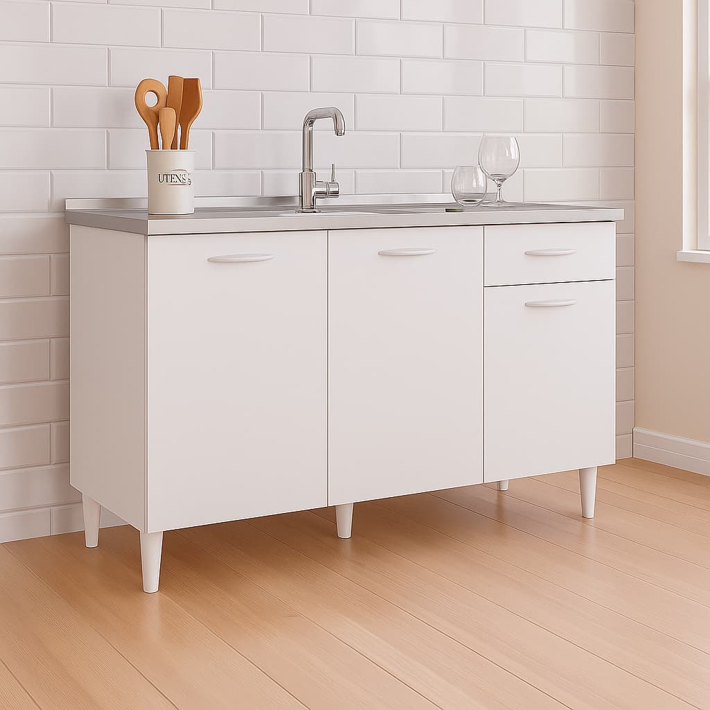 Armário Gabinete Para Pia 120cm Balcão Cozinha Com Gaveta Porta Nicho Organizador Branco Moderno