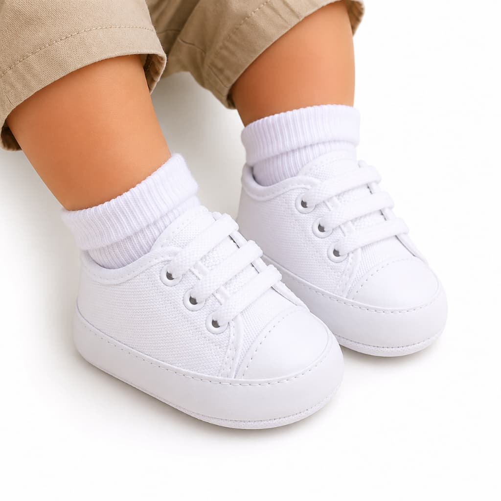Sapatinho de Bebê Batizado Tênis Branco com Detalhe Rosa – Numeração 13 ao 18